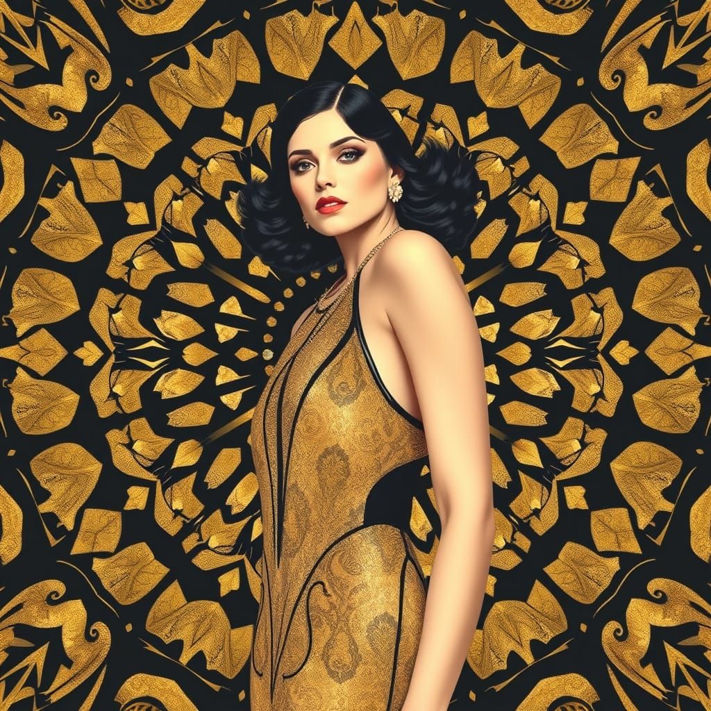 Art Deco Woman in Gold and Black Patterns