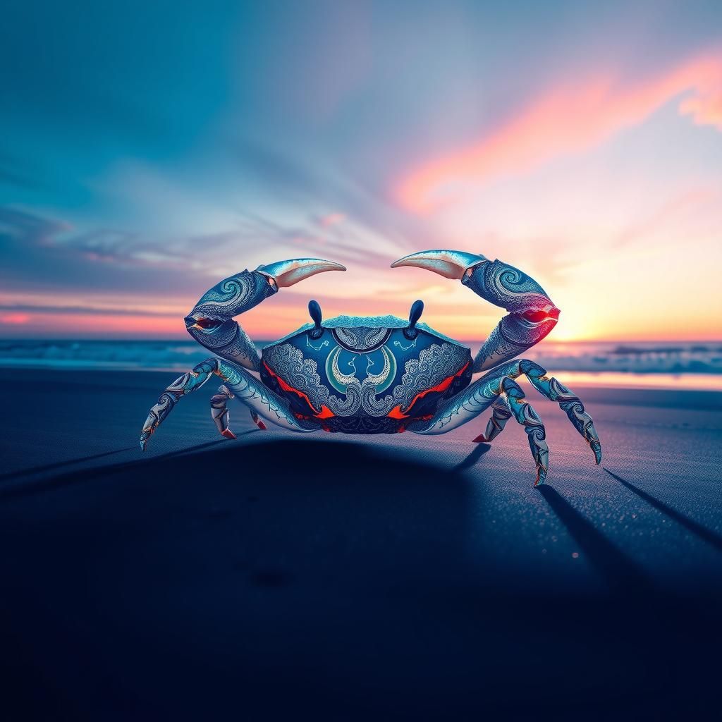 Fractal Crab on Beach at Dusk: Digital Rendering