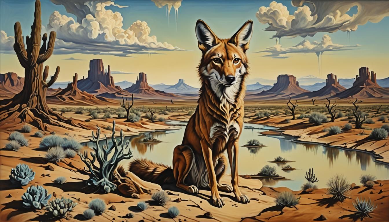 Surreal Desert Coyote in Oil Canvas Style