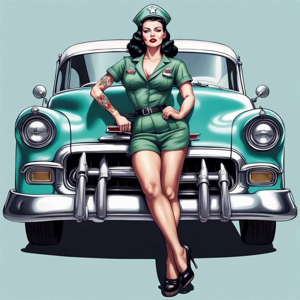 WWII Pinup Nurse on 1951 Chevy Bel Air