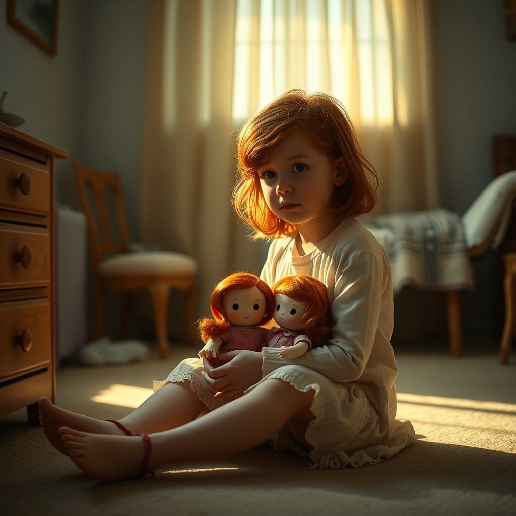 Red-Haired Girl with Dolls in Nostalgic Light