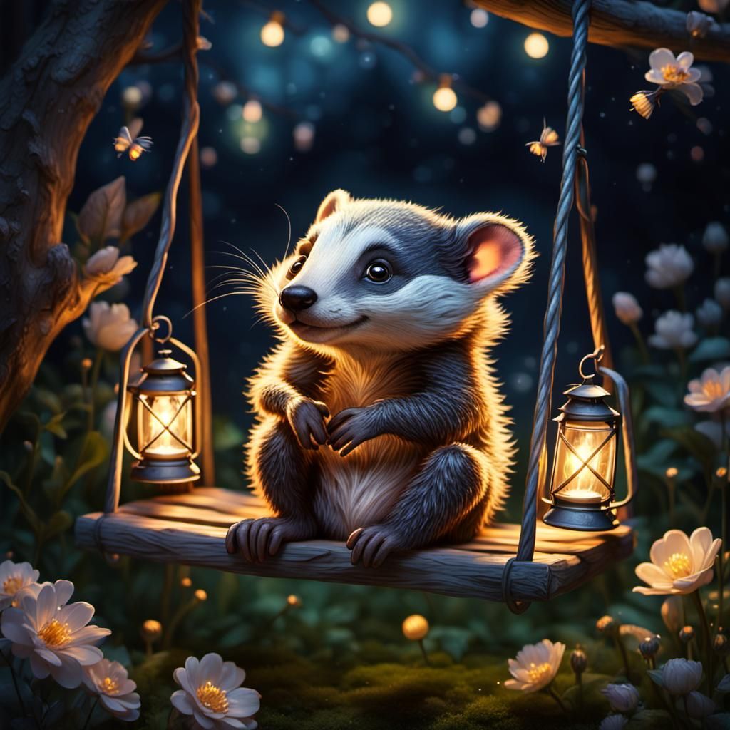 Cute Badger on Garden Swing at Night
