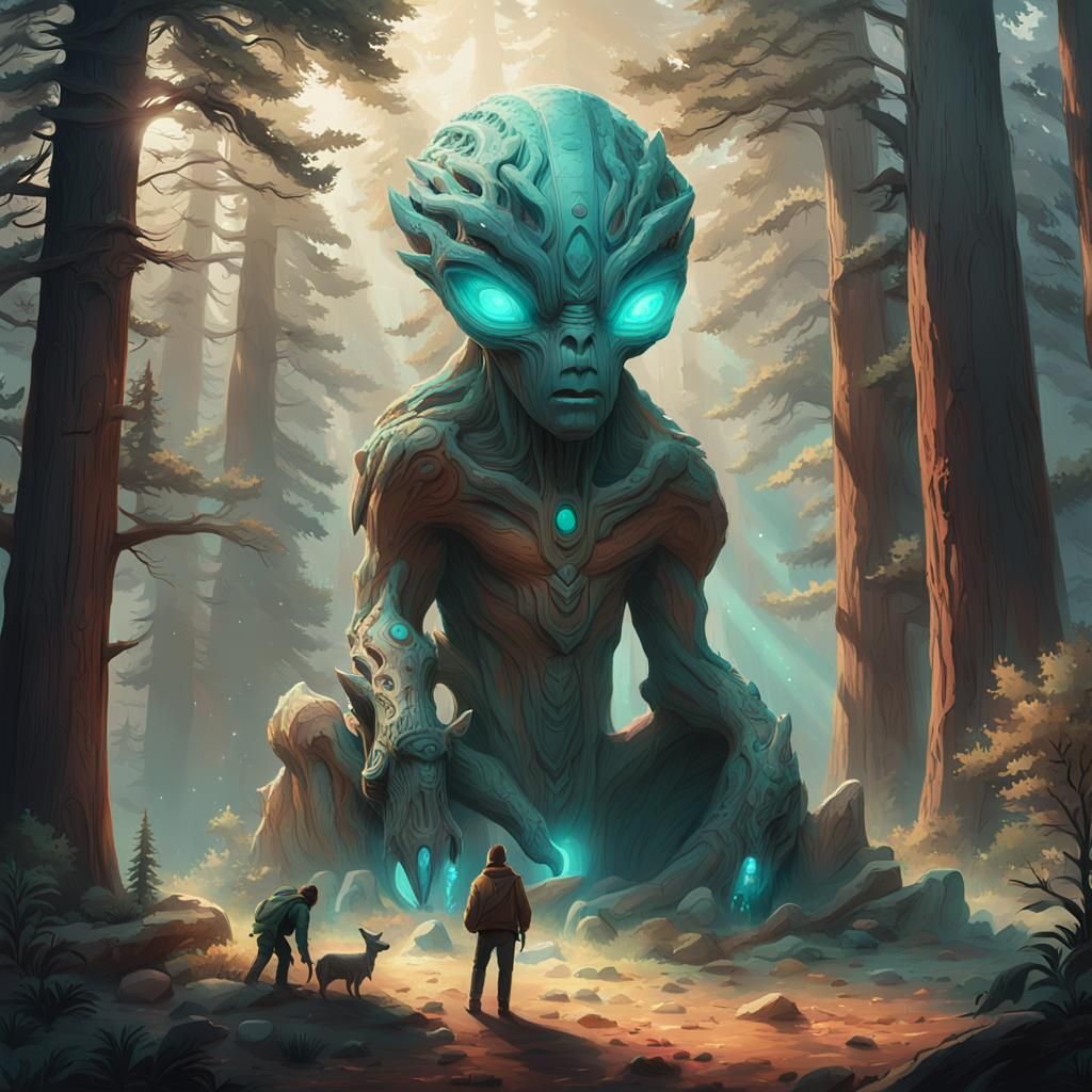 an alien wood sculptor is carving a sequoia into the shape o...