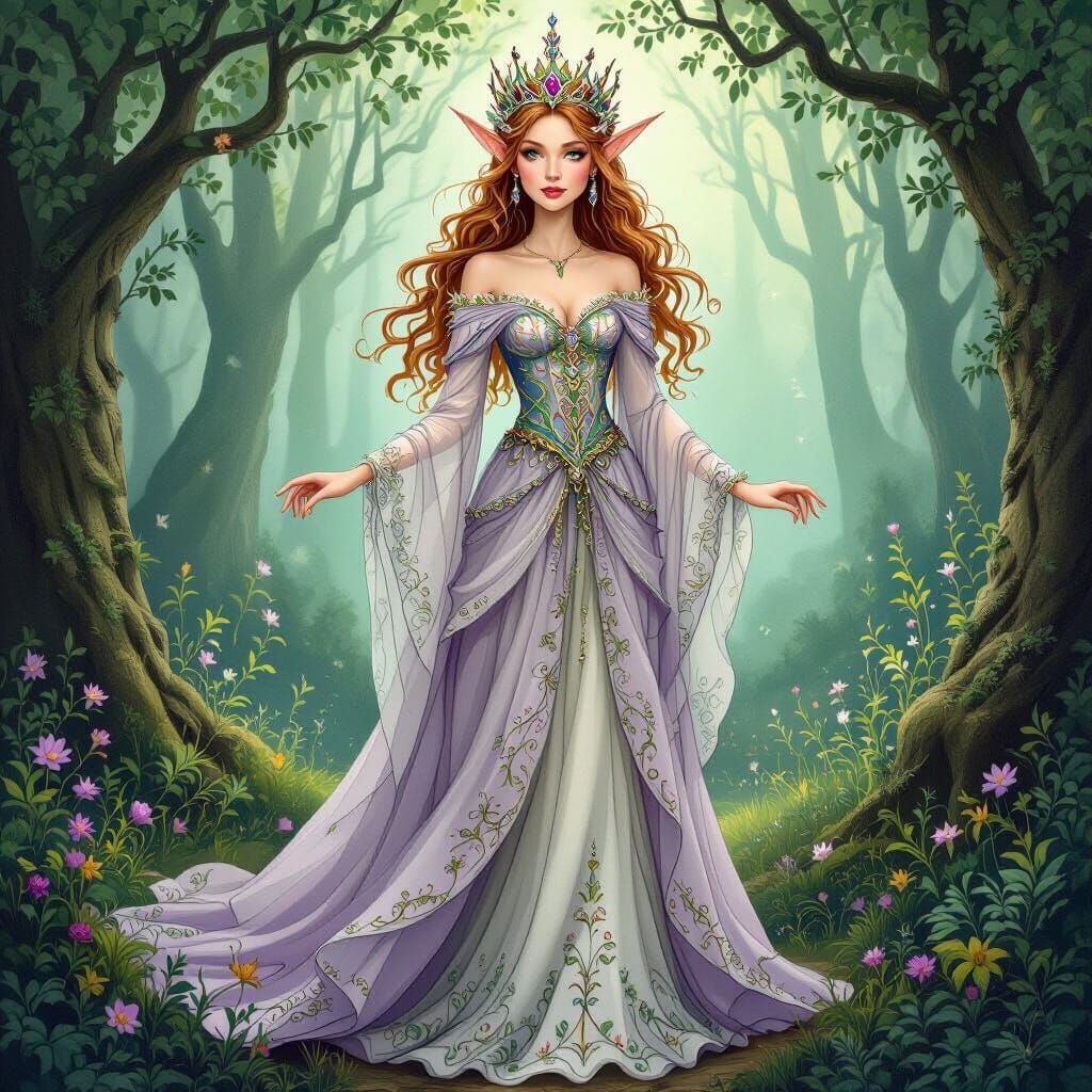 Elf Princess in Enchanted Forest, Whimsical Art