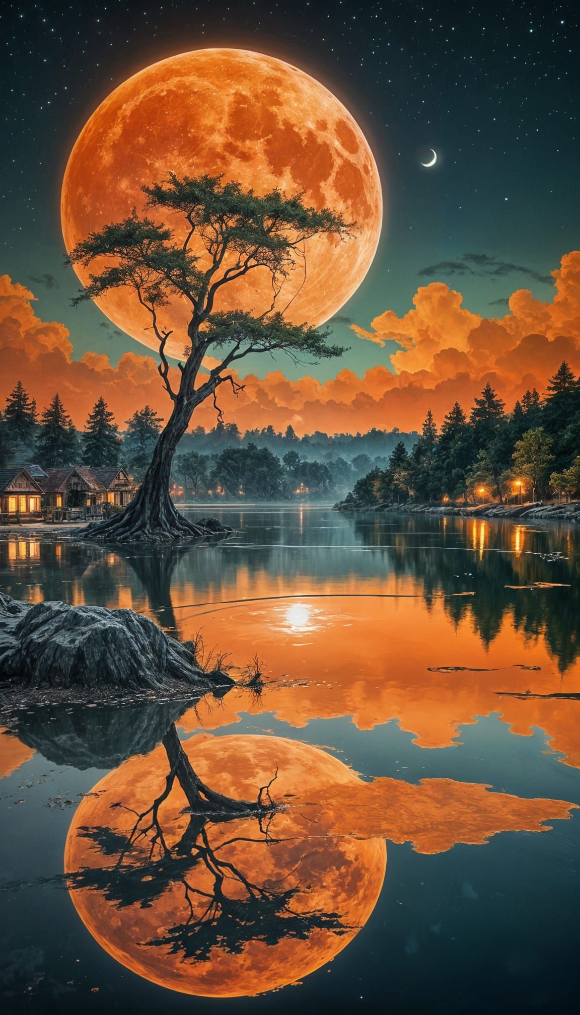 Orange Moon Reflection in Hazy Graffiti Art