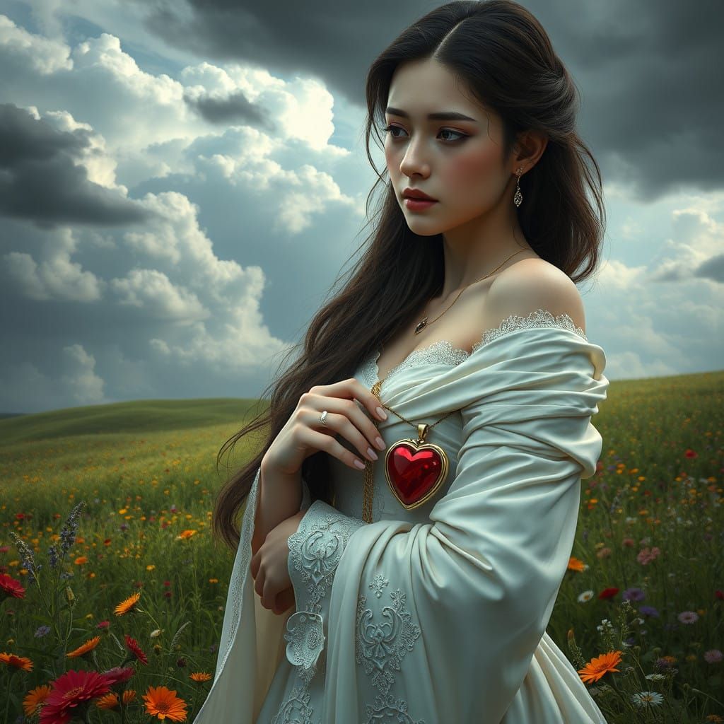Ethereal Maiden Contemplates Heartache in a Dreamlike Landsc...