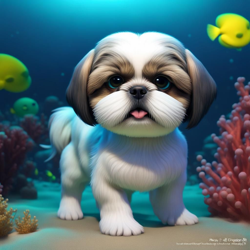 Baby Shih Tzu Scuba Diving in Maldives, 3D Art