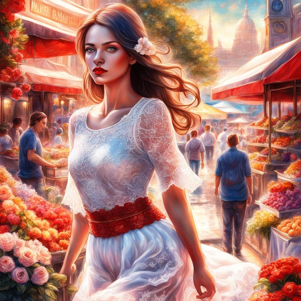 Pencil Sketch of a Beautiful modern Woman on a market place