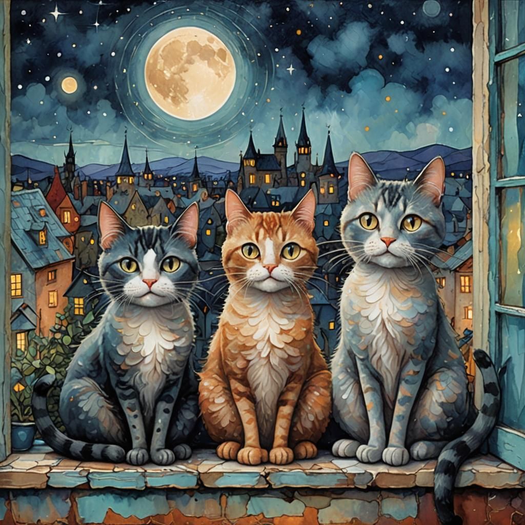 Whimsical Cats on Windowsill in Storybook Illustration