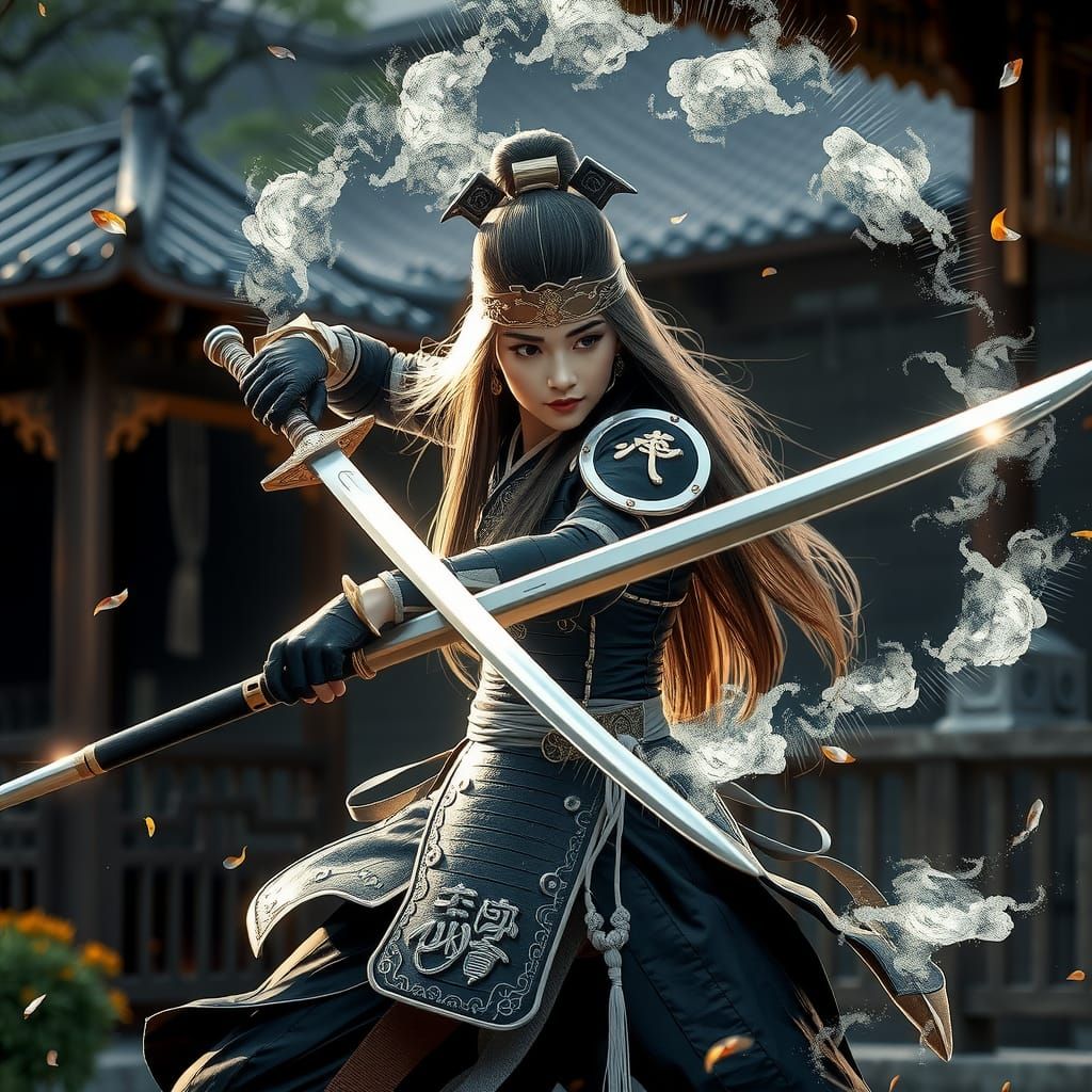 Chinese Woman Warrior with Sword and Silver Aura