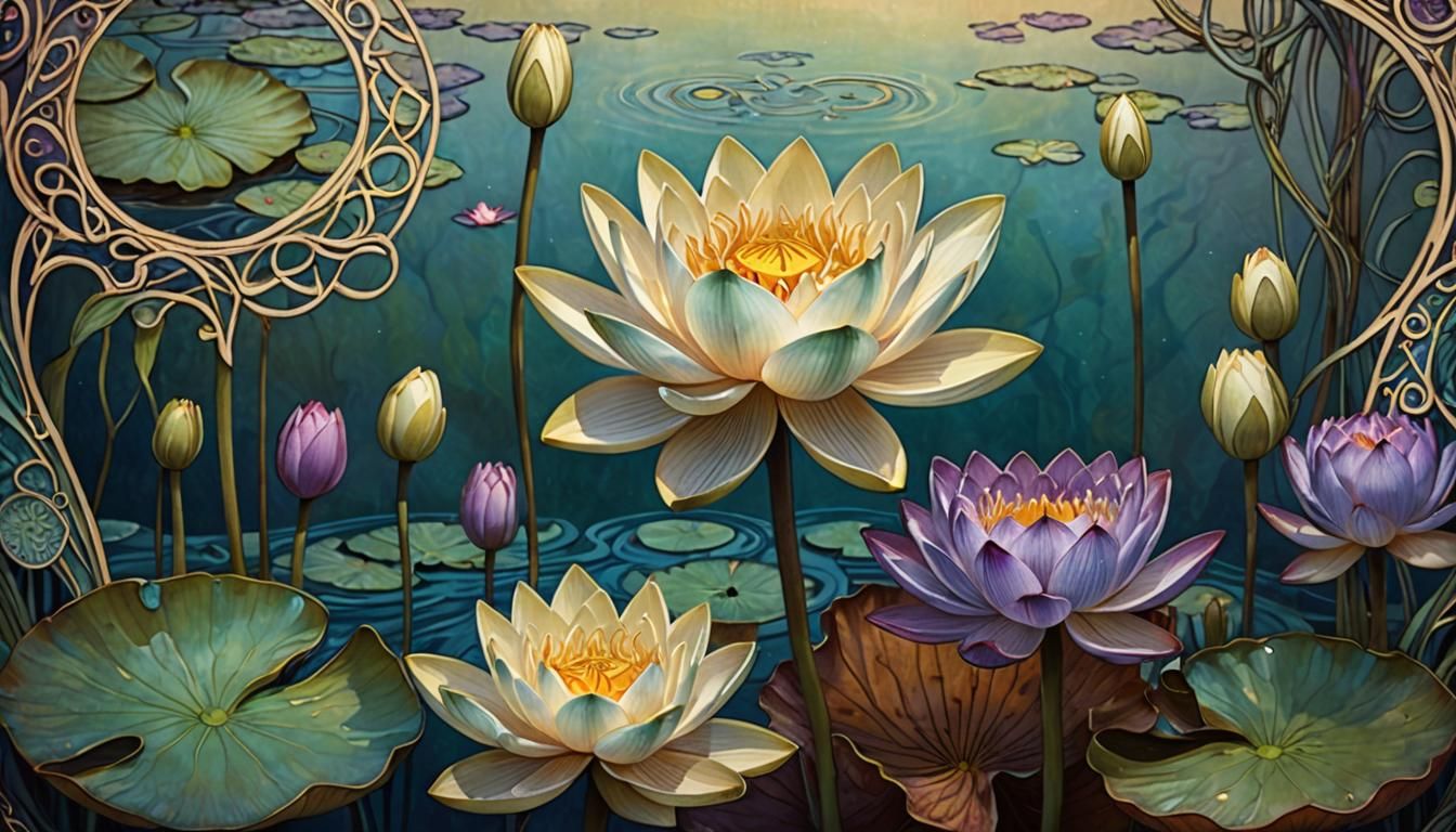 Ethereal Lotus Bloom in Art Nouveau Style