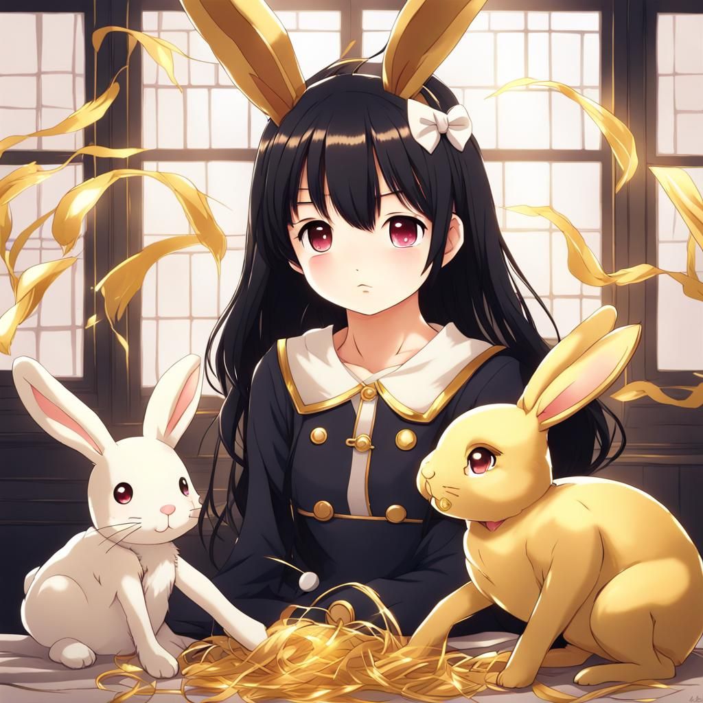Girl Plays with Golden Bunny in Anime Style