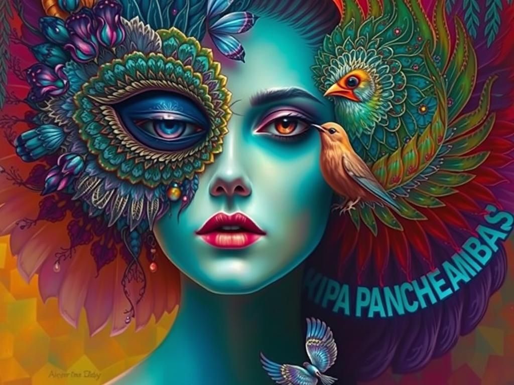 Celestial Woman with Birds and Flowers in Neon Lighting