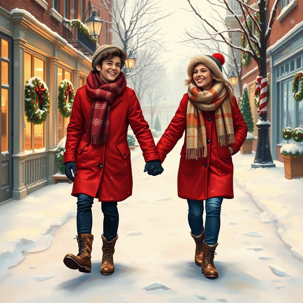 Joyful Winter Couple Stroll Through Magic Christmas Street i...