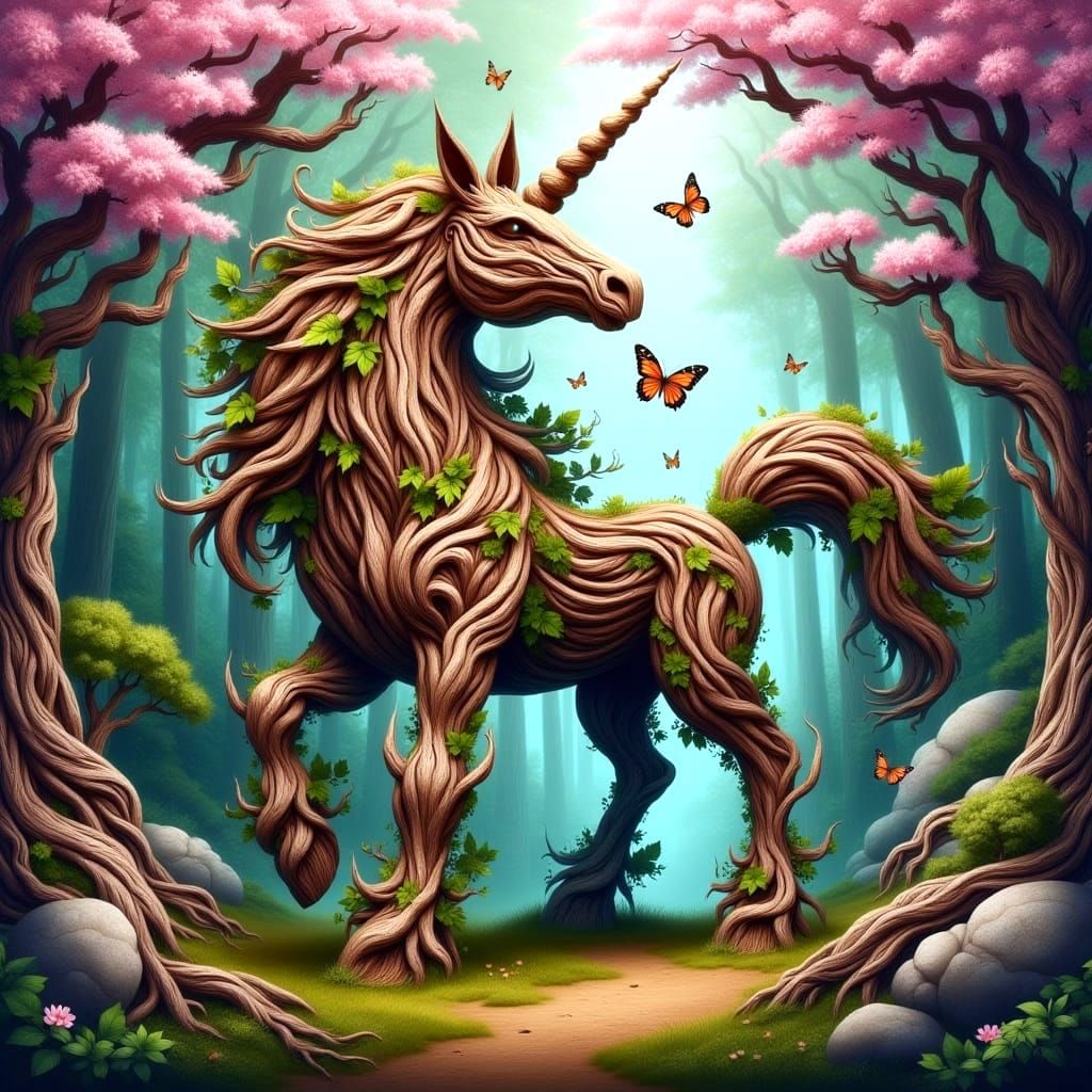 Wooden Spring Forest Unicorn in Cherry Blossom Landscape