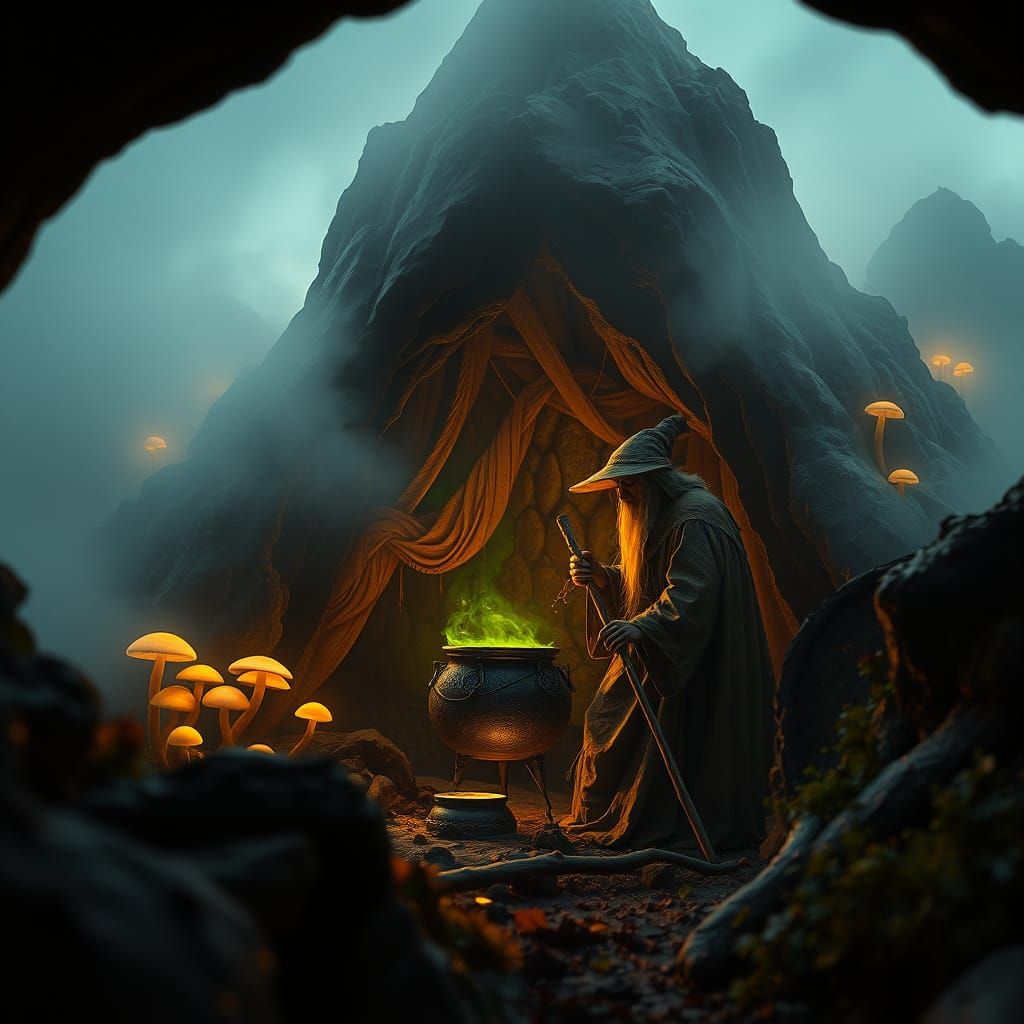 Mysterious Mountain Cave with Witch and Green Potion