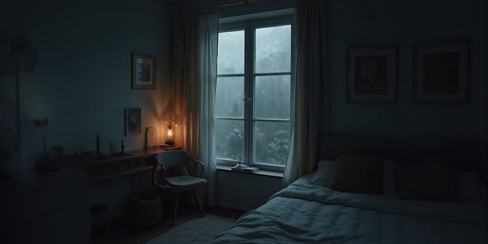 Cozy Nordic Bedroom Rainy Scene in Digital Art