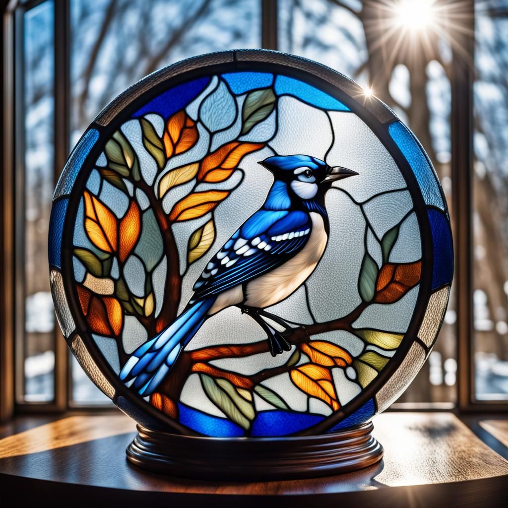 Vibrant Stained Glass Blue Jay in Bubble