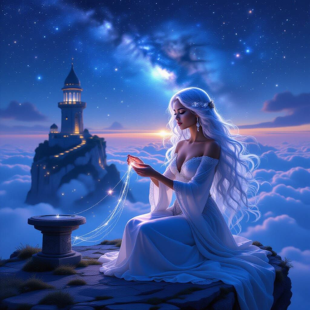 Cosmic Weaver Woman Creating Constellations on Island