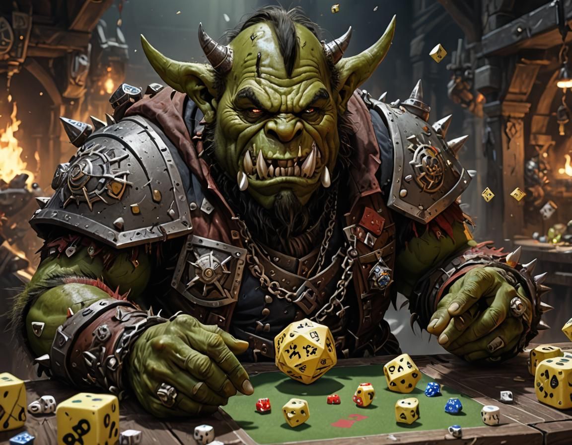 Ork Rolls a D20 in Fantasy Art Style