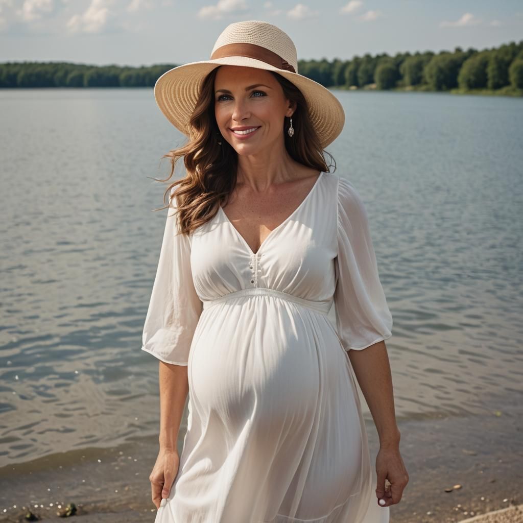 Pregnant Woman in White Dress by Lakeside