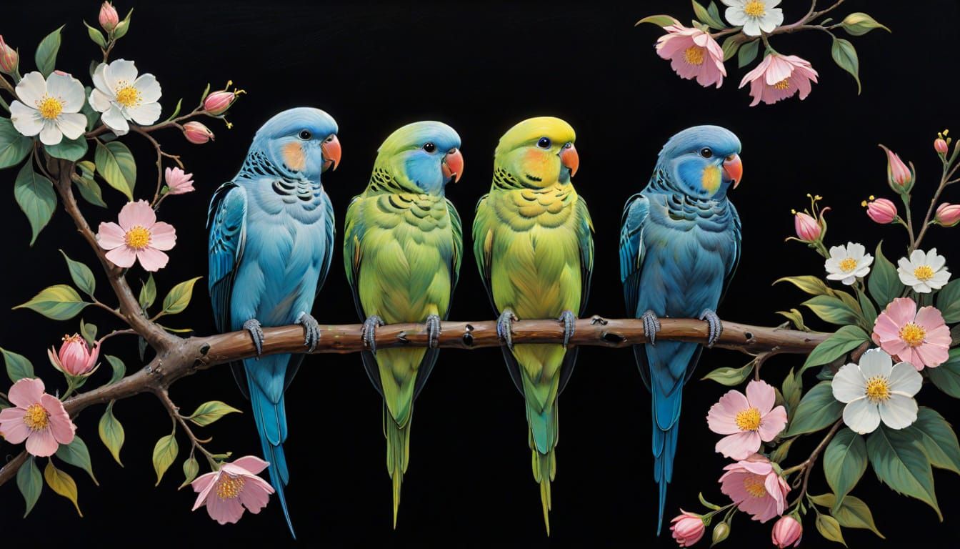 Four Parakeets on a Branch with Delicate Flowers
