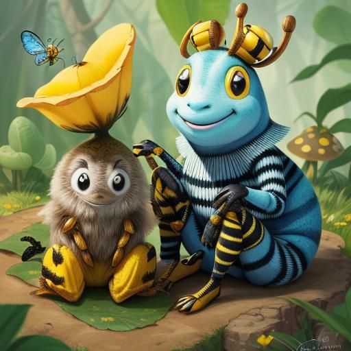 Smiling Bee on Toadstool: Whimsical Insect Illustration