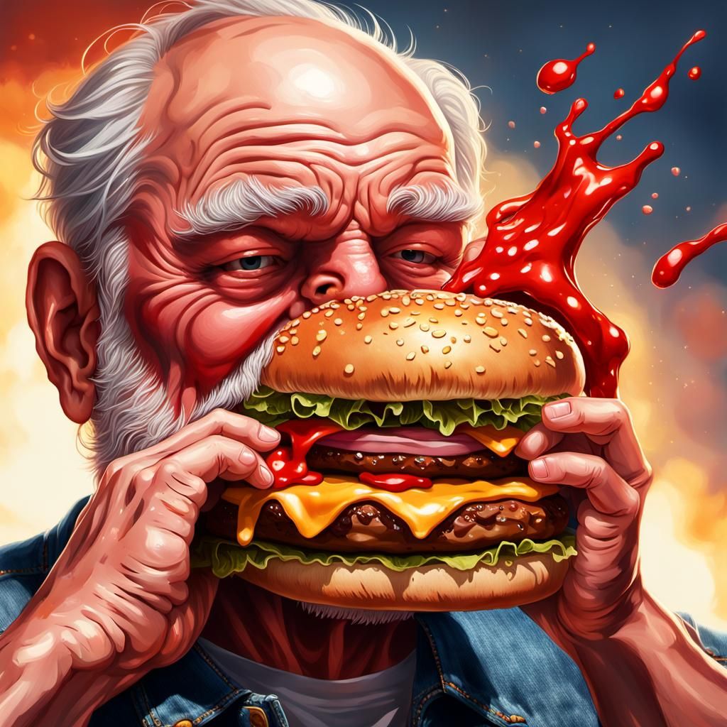 Hyper-Realistic Old Man Enjoys Hamburger Digital Painting