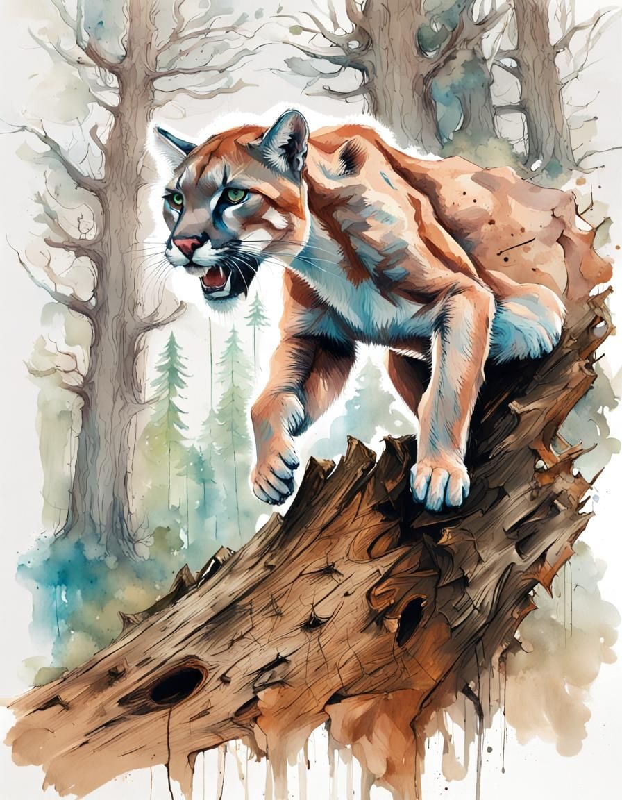 Portrait of an angry cougar on a tree stump