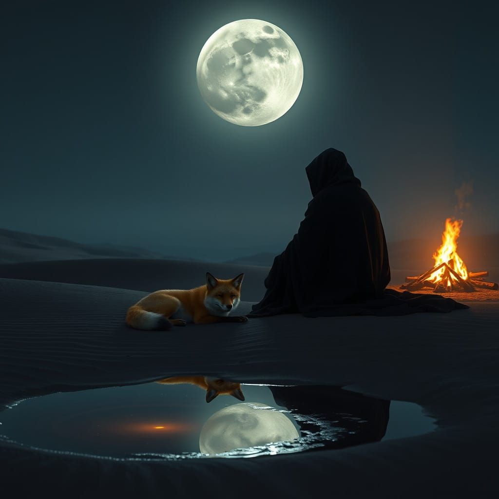 Serene Desert Night Scene with Fox and Mysterious Adult Figu...