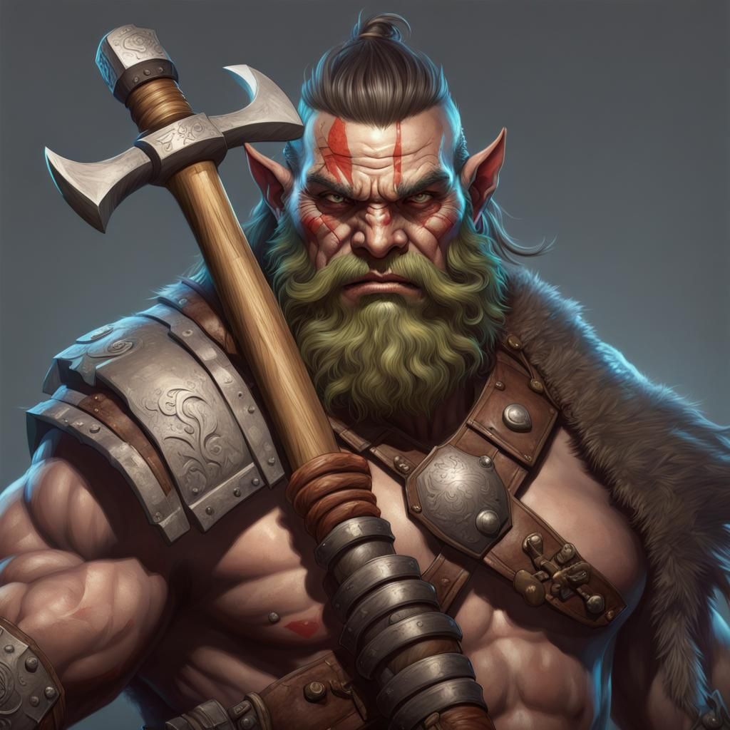Hyperdetailed Half-Orc Half-Dwarf Barbarian Portrait