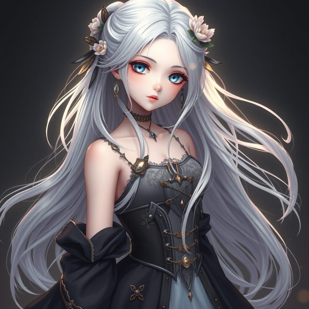 Ethereal Gothic Fae in Soft, Silver-White Hair and Dark, Flo...