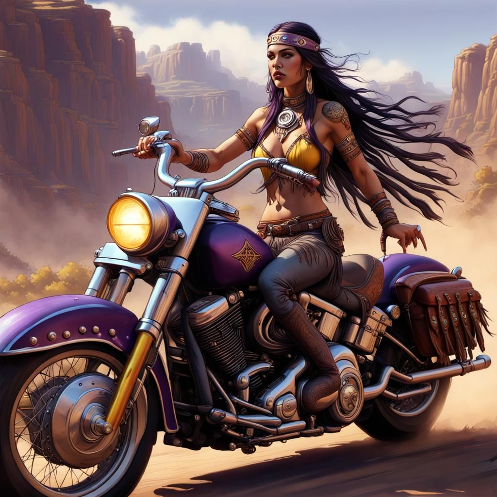 Native American Warrior Maiden on Harley, Dark Fantasy Art