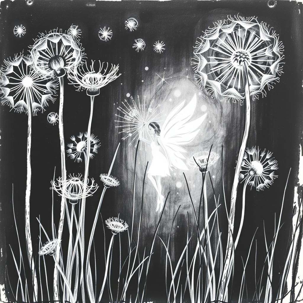 Surreal Crayon Drawing Blooms with Whimsical Fairy