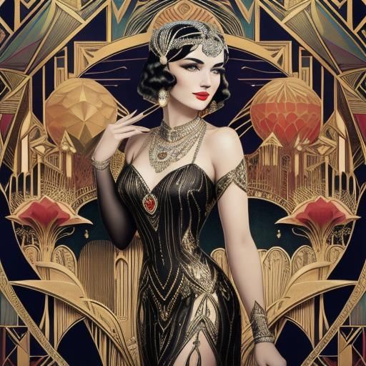 Glamorous Burlesque Woman in Art Deco Illustration