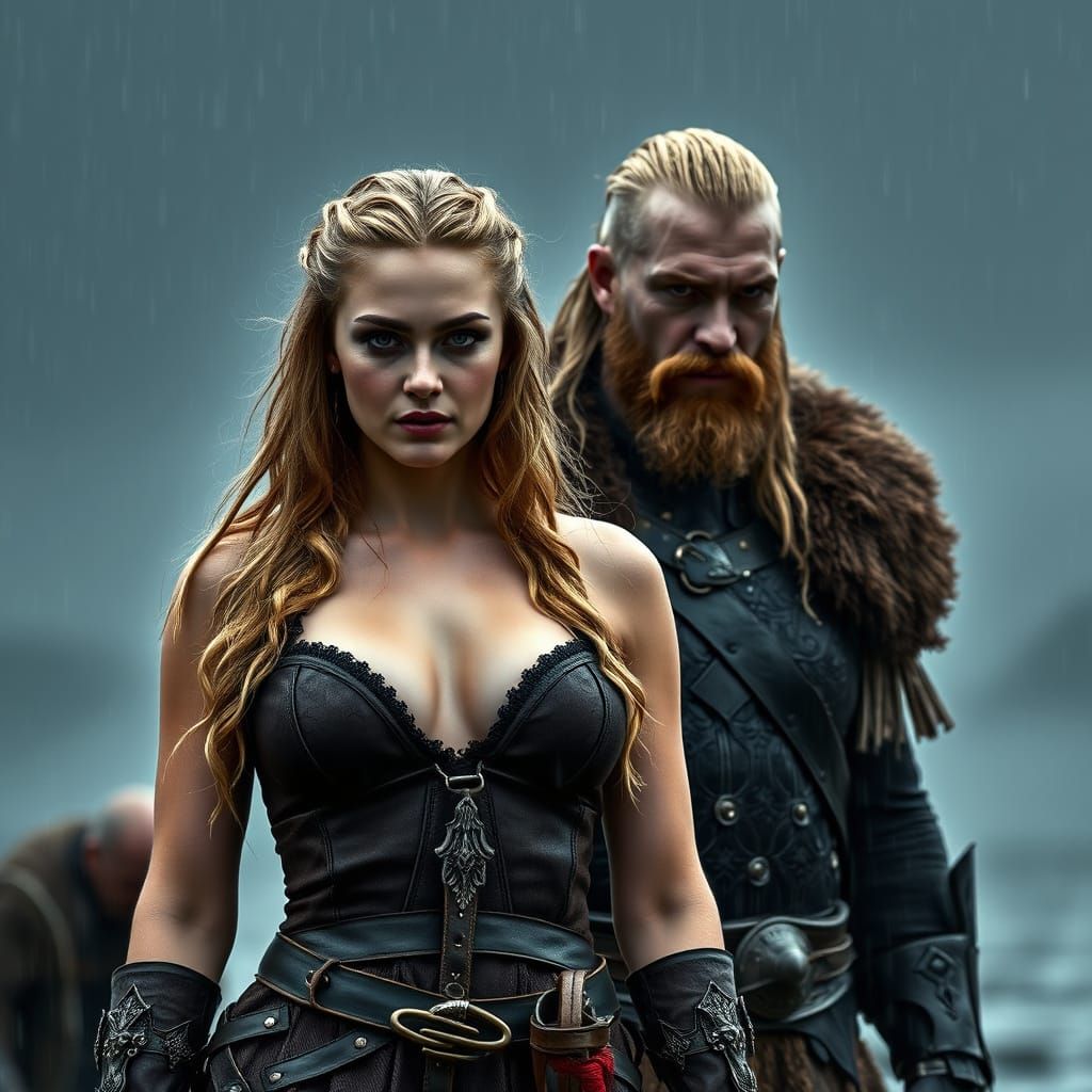 Viking Warrior Lagertha in Gothic Rainy Landscape