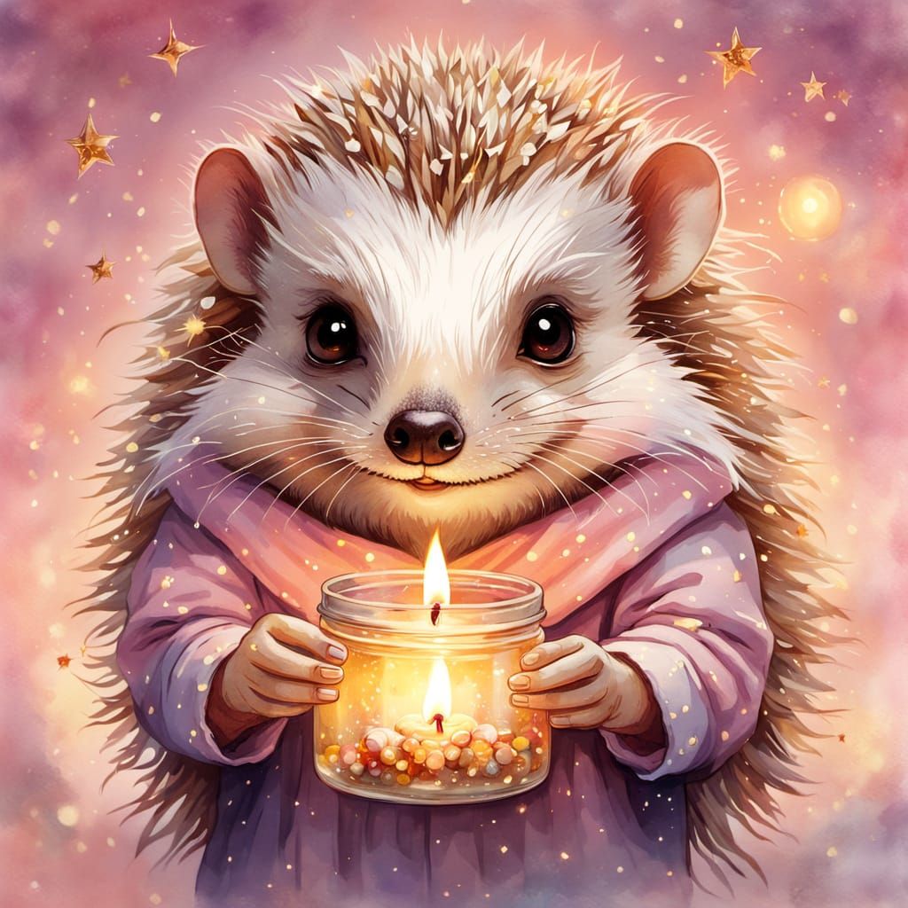 Hedgehog Alchemist with Glowing Cauldron in Watercolor