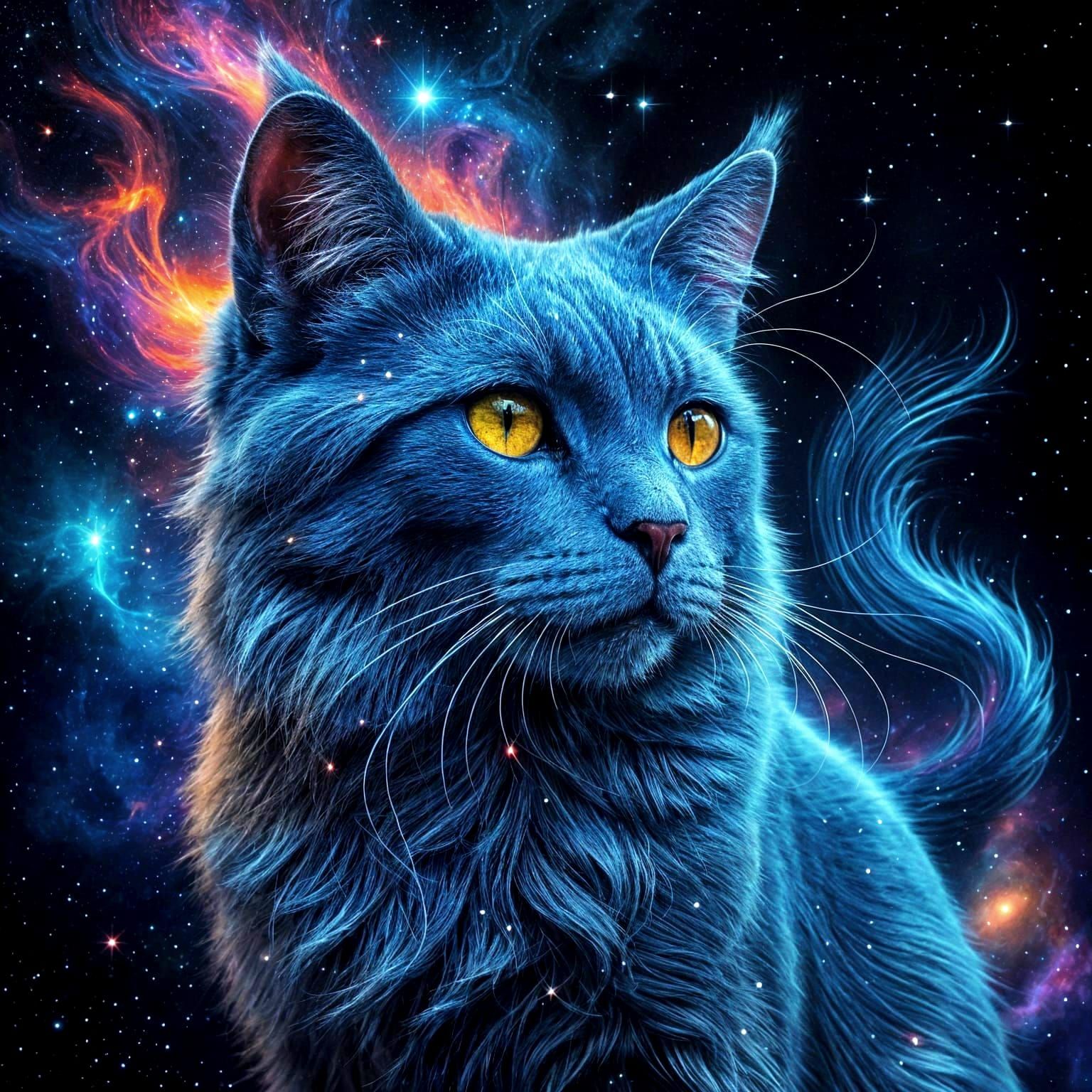Abstract Blue Cat Made of Nebulae and Cosmic Dust