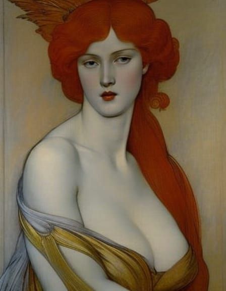 feminine figure showing her skin, by waterhouse, by mucha, b...