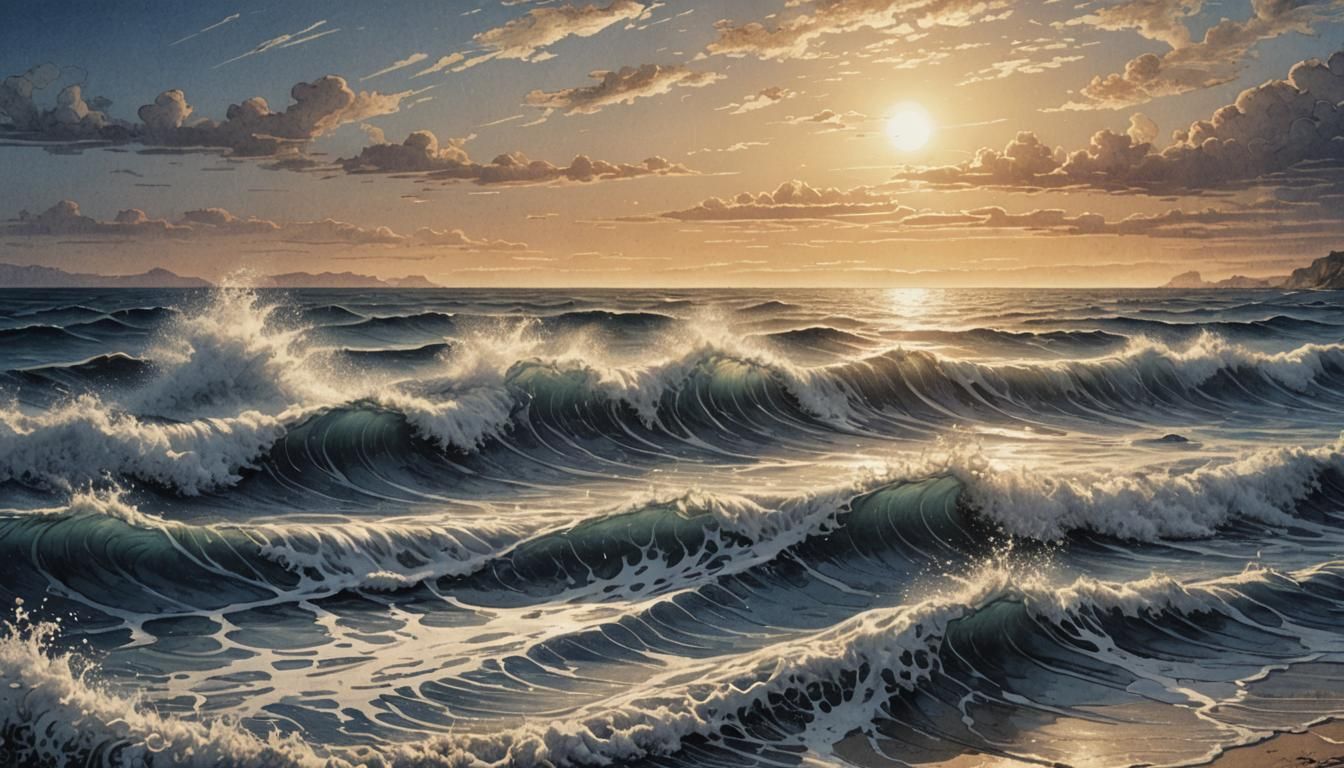 Panoramic Beach Sunset in Detailed Line Engraving