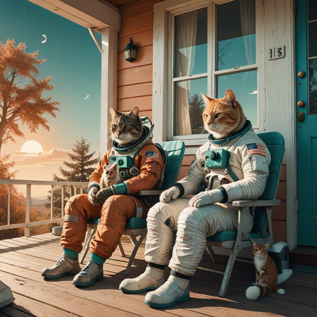 Astronaut and Cat on Porch in Nostalgic Sunlight