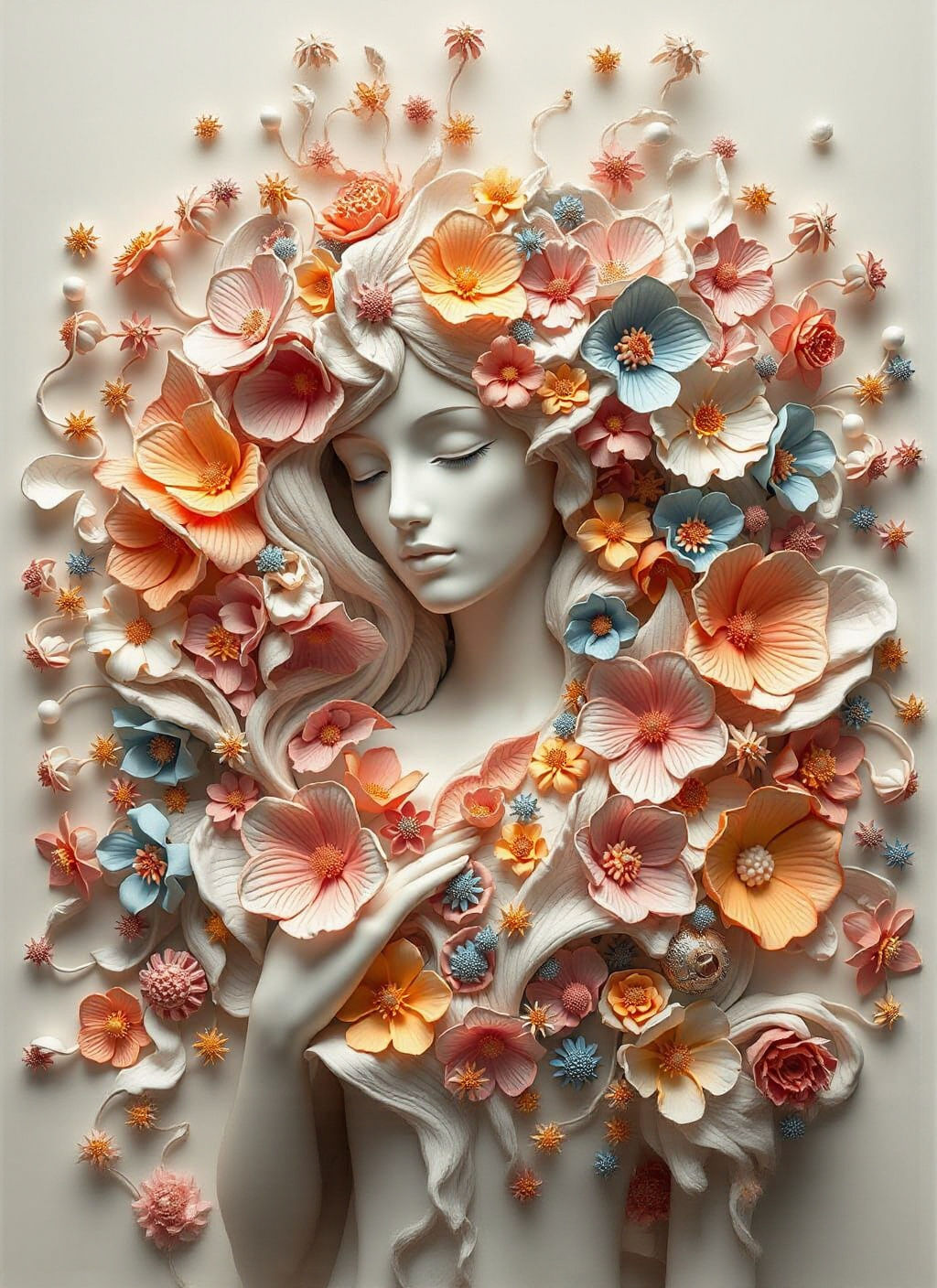 Surreal Woman Portrait with Flowers and Organic Forms