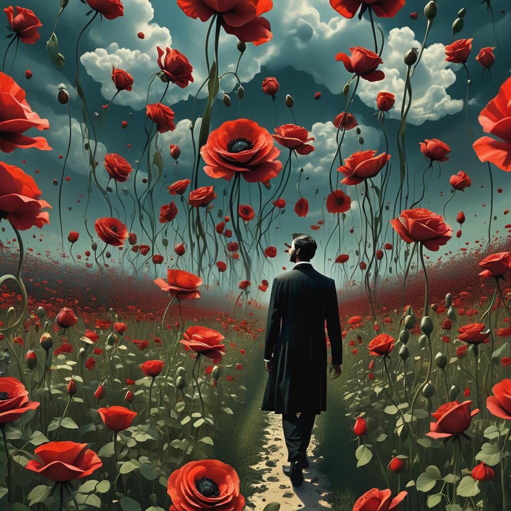Surreal Poppy Field with Floating Roses