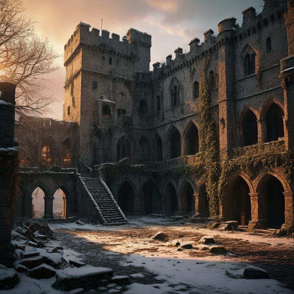 Medieval Keep's Snowy Sunset Ruin in Epic Digital Painting