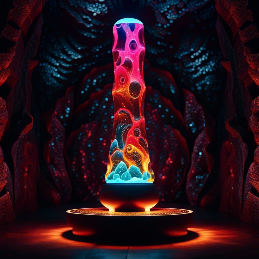 Glowing Lava Lamp in Dark Cave, Crystal Motifs