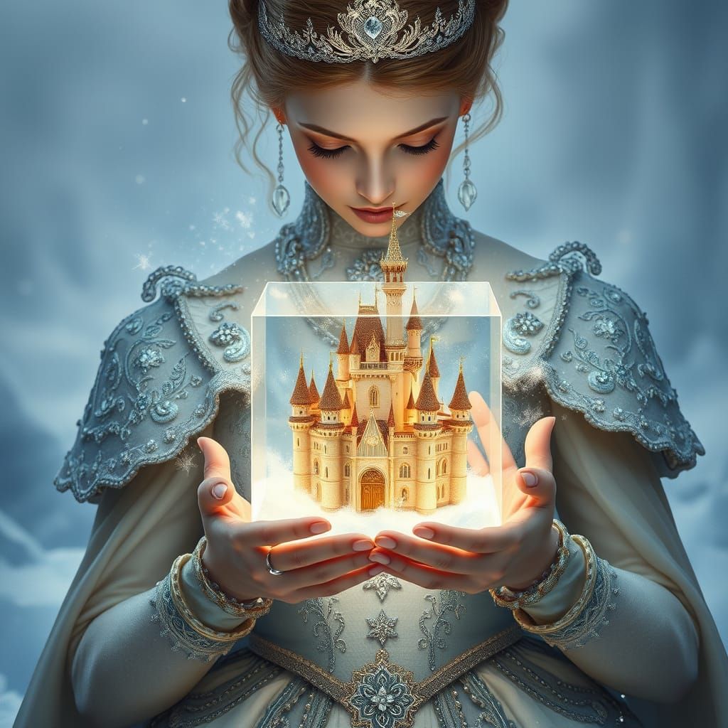 Royal Princess Cradles Glowing Castle in Icy Dreamworld