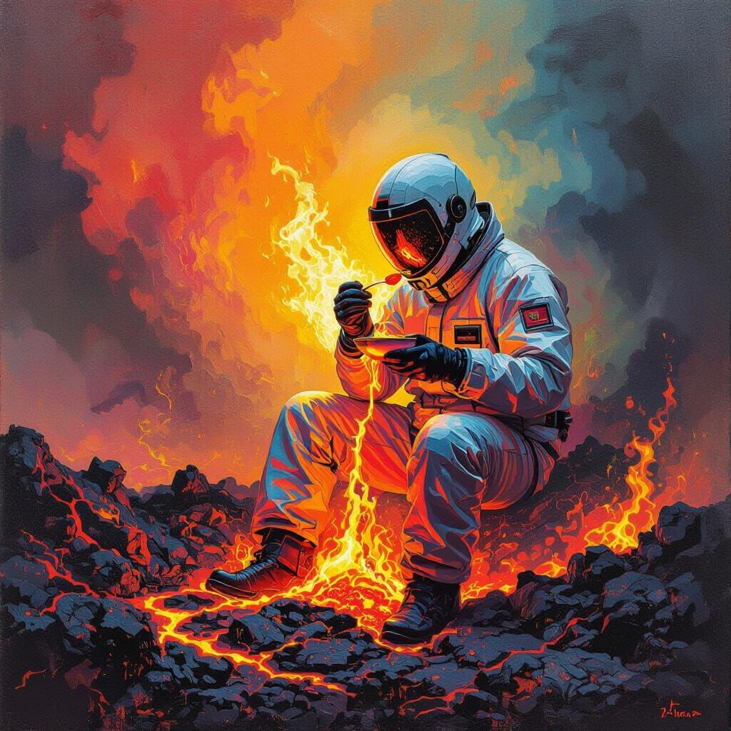 Man Eating Lava in a Surreal Biomechanical Style
