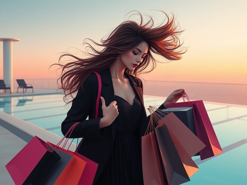 Dreamlike Woman with Shopping Bags in Surreal Scene