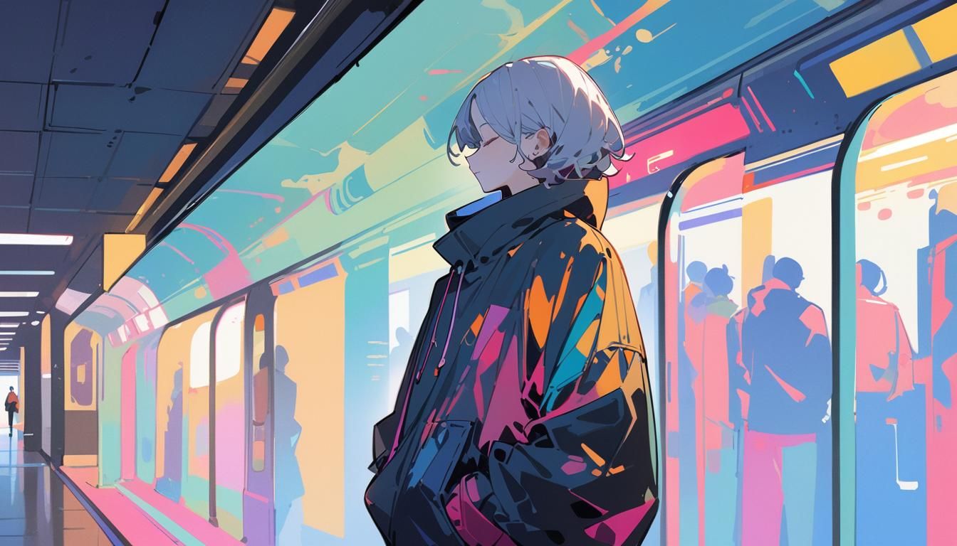 Boy in Metro Station in Minimalist Style