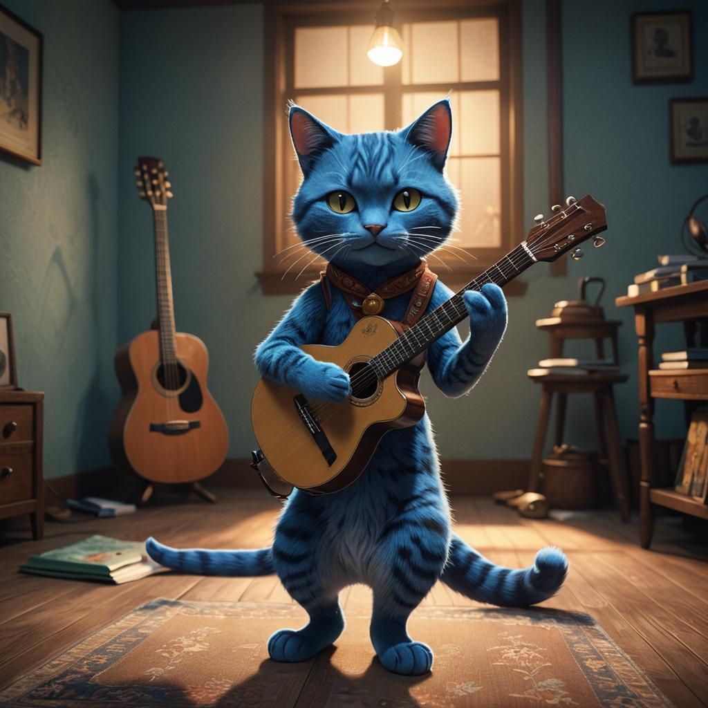 Blue Cat Plays Guitar in 3D Anime Art